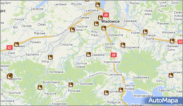 mapa Zawadka gmina Wadowice, Zawadka gmina Wadowice na mapie Targeo