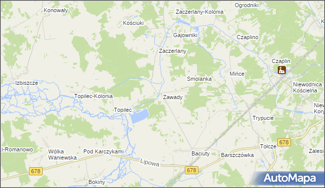 mapa Zawady gmina Turośń Kościelna, Zawady gmina Turośń Kościelna na mapie Targeo