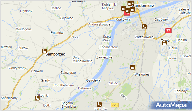 mapa Zawierzbie gmina Samborzec, Zawierzbie gmina Samborzec na mapie Targeo