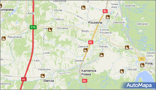 mapa Zawisna gmina Kamienica Polska, Zawisna gmina Kamienica Polska na mapie Targeo