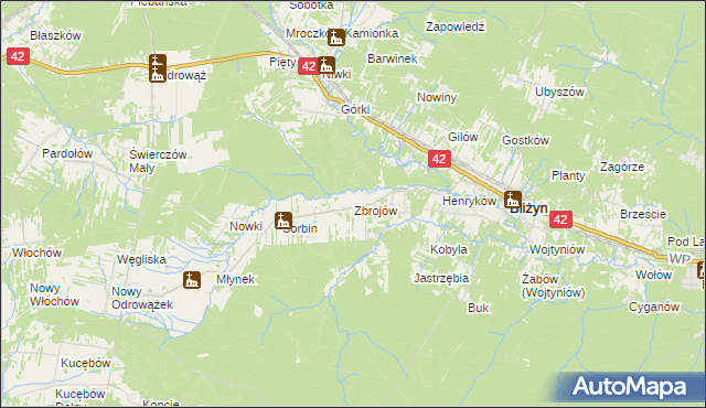 mapa Zbrojów gmina Bliżyn, Zbrojów gmina Bliżyn na mapie Targeo