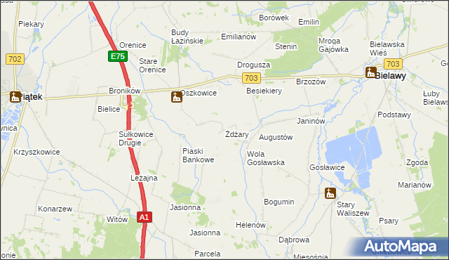 mapa Żdżary gmina Bielawy, Żdżary gmina Bielawy na mapie Targeo