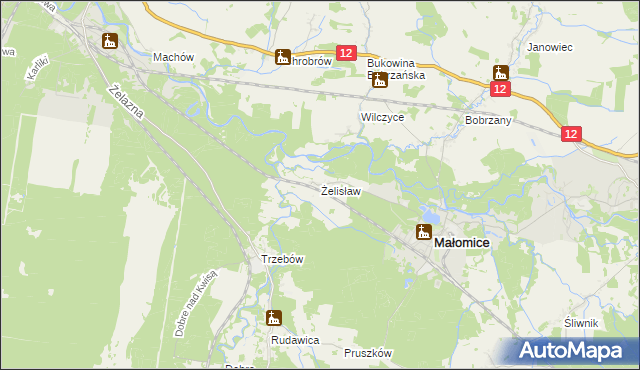 mapa Żelisław gmina Małomice, Żelisław gmina Małomice na mapie Targeo