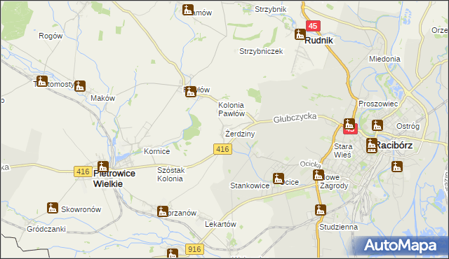 mapa Żerdziny gmina Pietrowice Wielkie, Żerdziny gmina Pietrowice Wielkie na mapie Targeo