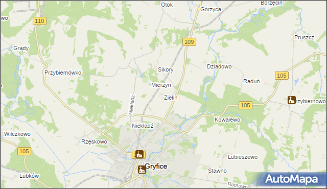 mapa Zielin gmina Gryfice, Zielin gmina Gryfice na mapie Targeo