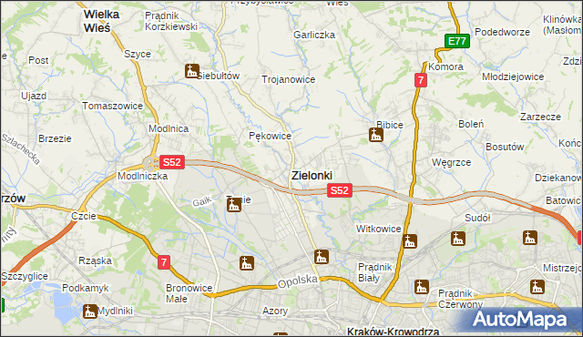 mapa Zielonki powiat krakowski, Zielonki powiat krakowski na mapie Targeo