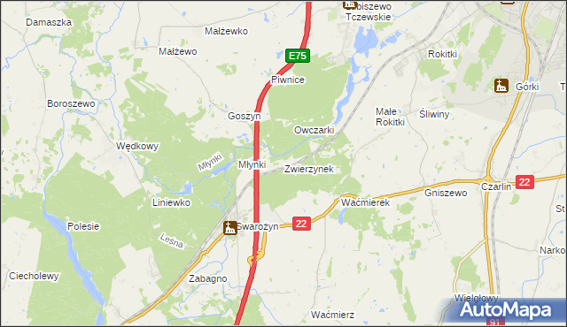 mapa Zwierzynek gmina Tczew, Zwierzynek gmina Tczew na mapie Targeo