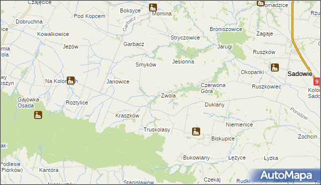 mapa Zwola gmina Sadowie, Zwola gmina Sadowie na mapie Targeo