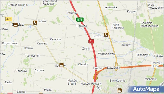 mapa Żychlin gmina Grabica, Żychlin gmina Grabica na mapie Targeo