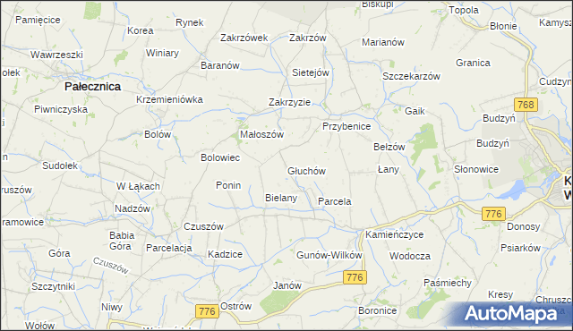 mapa Głuchów gmina Kazimierza Wielka, Głuchów gmina Kazimierza Wielka na mapie Targeo