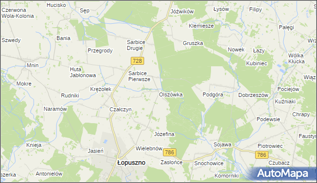 mapa Olszówka gmina Łopuszno, Olszówka gmina Łopuszno na mapie Targeo