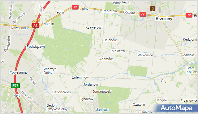 mapa Adamów gmina Brzeziny, Adamów gmina Brzeziny na mapie Targeo