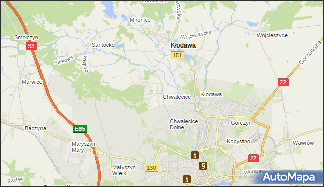 mapa Chwalęcice gmina Kłodawa, Chwalęcice gmina Kłodawa na mapie Targeo