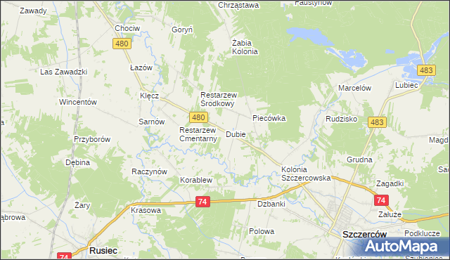 mapa Dubie gmina Szczerców, Dubie gmina Szczerców na mapie Targeo
