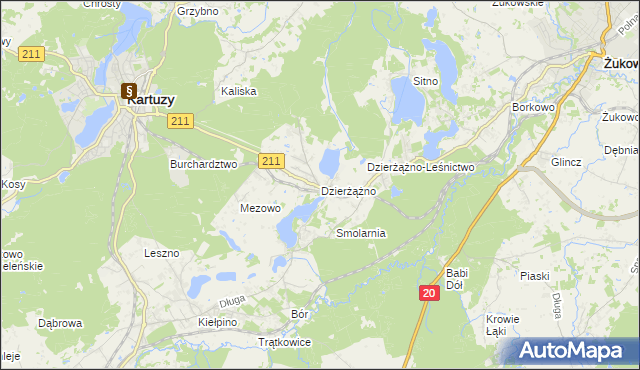 mapa Dzierżążno gmina Kartuzy, Dzierżążno gmina Kartuzy na mapie Targeo