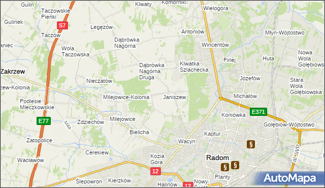 mapa Janiszew gmina Zakrzew, Janiszew gmina Zakrzew na mapie Targeo