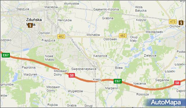 mapa Karsznice gmina Zduńska Wola, Karsznice gmina Zduńska Wola na mapie Targeo