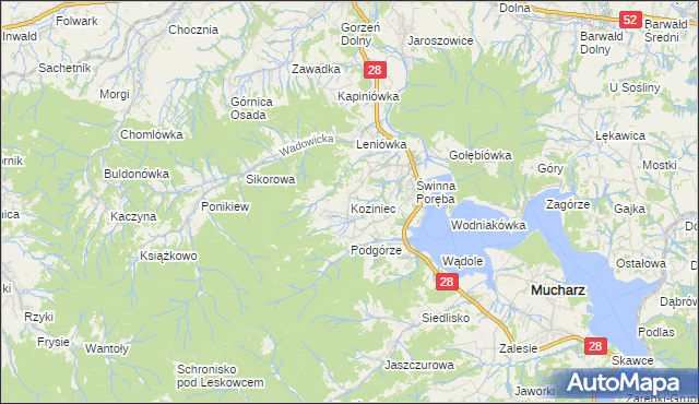 mapa Koziniec gmina Mucharz, Koziniec gmina Mucharz na mapie Targeo