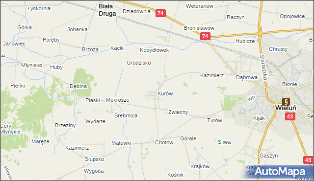 mapa Kurów gmina Wieluń, Kurów gmina Wieluń na mapie Targeo