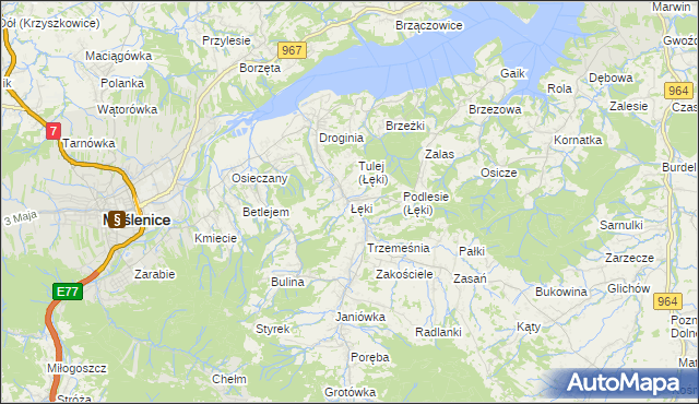 mapa Łęki gmina Myślenice, Łęki gmina Myślenice na mapie Targeo