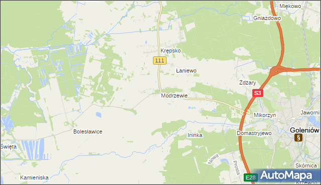 mapa Modrzewie gmina Goleniów, Modrzewie gmina Goleniów na mapie Targeo