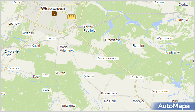 mapa Nieznanowice gmina Włoszczowa, Nieznanowice gmina Włoszczowa na mapie Targeo