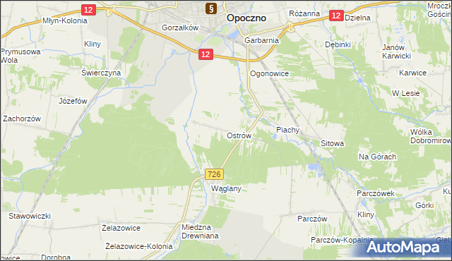 mapa Ostrów gmina Opoczno, Ostrów gmina Opoczno na mapie Targeo