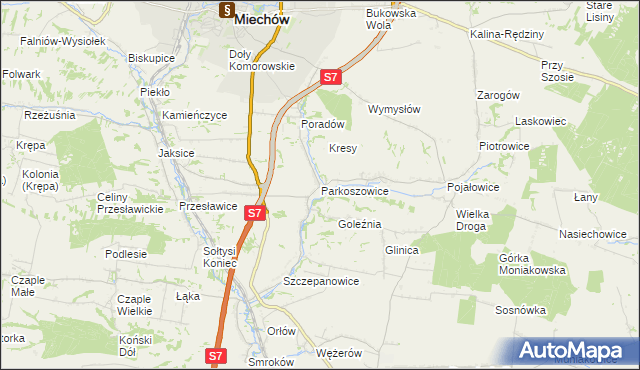 mapa Parkoszowice gmina Miechów, Parkoszowice gmina Miechów na mapie Targeo