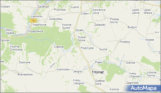 mapa Podchybie gmina Trzyciąż, Podchybie gmina Trzyciąż na mapie Targeo