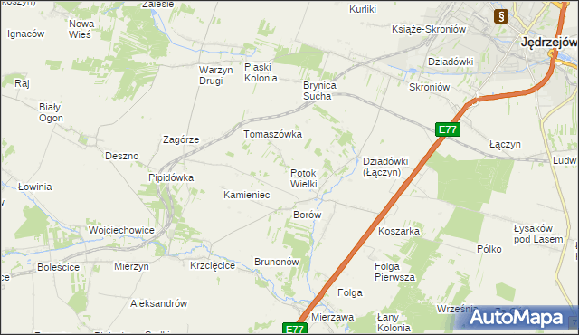 mapa Potok Wielki gmina Jędrzejów, Potok Wielki gmina Jędrzejów na mapie Targeo