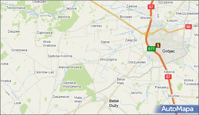 mapa Wilczogóra gmina Belsk Duży, Wilczogóra gmina Belsk Duży na mapie Targeo