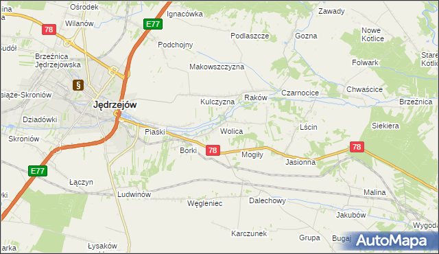 mapa Wolica gmina Jędrzejów, Wolica gmina Jędrzejów na mapie Targeo