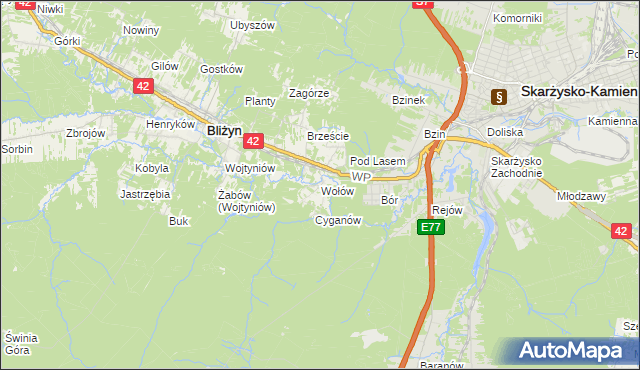 mapa Wołów gmina Bliżyn, Wołów gmina Bliżyn na mapie Targeo