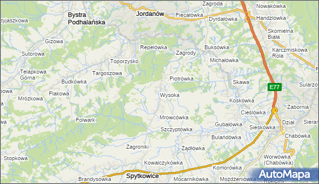 mapa Wysoka gmina Jordanów, Wysoka gmina Jordanów na mapie Targeo