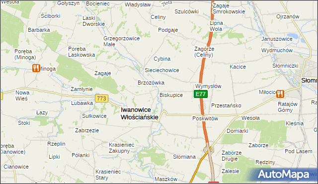 mapa Biskupice gmina Iwanowice, Biskupice gmina Iwanowice na mapie Targeo