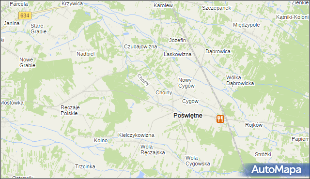 mapa Choiny gmina Poświętne, Choiny gmina Poświętne na mapie Targeo
