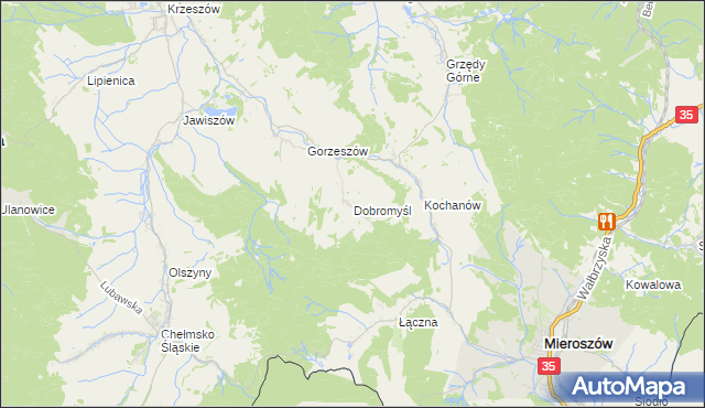 mapa Dobromyśl gmina Kamienna Góra, Dobromyśl gmina Kamienna Góra na mapie Targeo