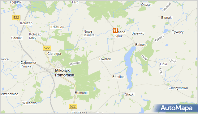 mapa Dworek gmina Mikołajki Pomorskie, Dworek gmina Mikołajki Pomorskie na mapie Targeo