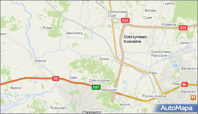 mapa Dzikie gmina Choroszcz, Dzikie gmina Choroszcz na mapie Targeo