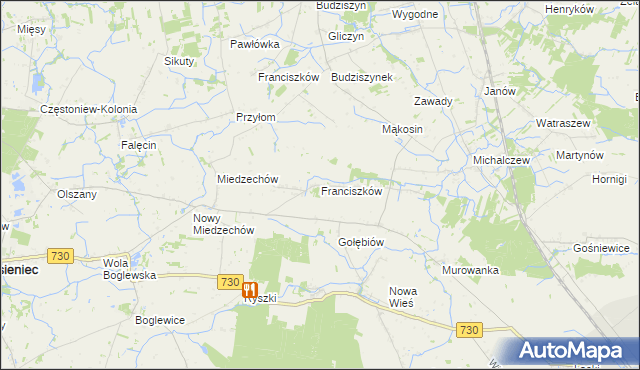 mapa Franciszków gmina Jasieniec, Franciszków gmina Jasieniec na mapie Targeo
