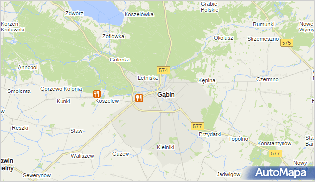 mapa Gąbin powiat płocki, Gąbin powiat płocki na mapie Targeo