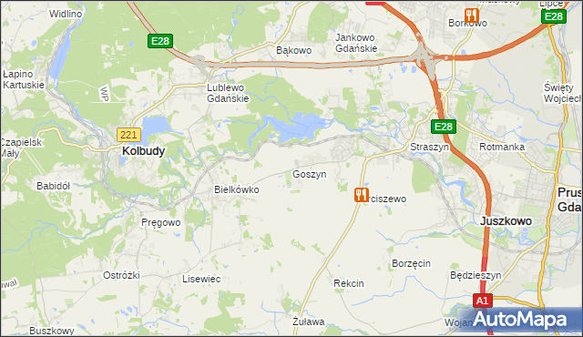 mapa Goszyn gmina Pruszcz Gdański, Goszyn gmina Pruszcz Gdański na mapie Targeo