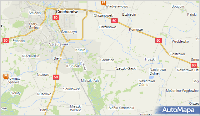mapa Grędzice gmina Ciechanów, Grędzice gmina Ciechanów na mapie Targeo