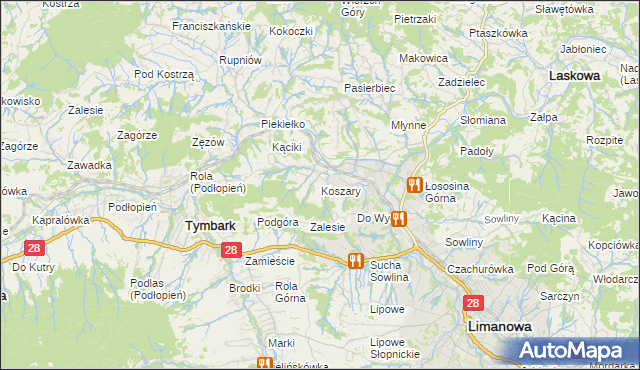 mapa Koszary gmina Limanowa, Koszary gmina Limanowa na mapie Targeo