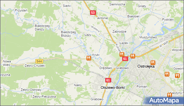 mapa Kruki gmina Olszewo-Borki, Kruki gmina Olszewo-Borki na mapie Targeo