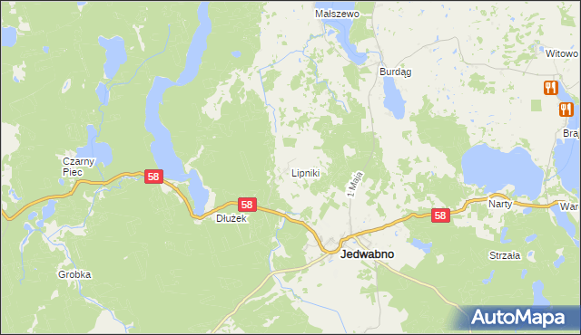 mapa Lipniki gmina Jedwabno, Lipniki gmina Jedwabno na mapie Targeo