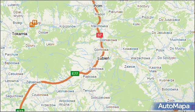 mapa Lubień powiat myślenicki, Lubień powiat myślenicki na mapie Targeo