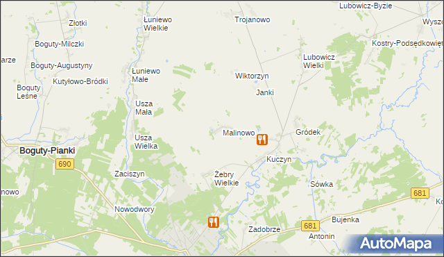 mapa Malinowo gmina Klukowo, Malinowo gmina Klukowo na mapie Targeo