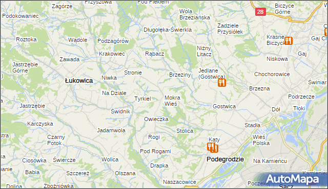 mapa Mokra Wieś gmina Podegrodzie, Mokra Wieś gmina Podegrodzie na mapie Targeo