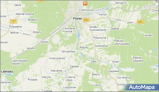 mapa Płachty gmina Pionki, Płachty gmina Pionki na mapie Targeo